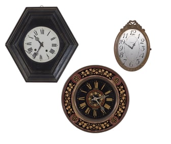 Group of Three Wall Clocks, early 20th c., Octagonal- H.- 20 in., W.- 17 in., D.- 5 3/4 in. (3 Pcs.)