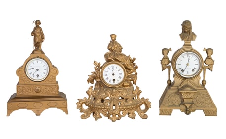 Group of Three Gilt Spelter Figural Clocks, late 19th c., First- H.- 14 3/4 in. W.- 9 in, D.- 6 1/2