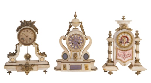 Group of Three Bronze Mounted White Alabaster Mantel Clocks, c. 1900, Largest- H.- 15 in., W.- 10