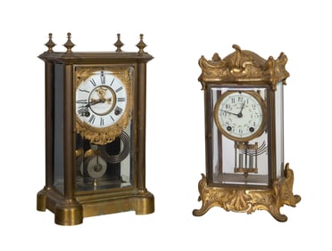 Two Brass Anniversary Clocks, early 20th c., Larger- H.- 15 1/4 in., W.- 8 3/4 in., D.- 7 in. (2