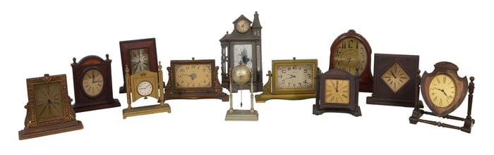 Group of Twelve Mantel Clocks, early 20th c., Largest- H.- 11 3/4 in., W.- 15 1/4 in., D.- 3 1/2 in.