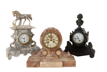 Group of Three French Marble Mantel Clocks, late 19th c., Horse- H.- 14 3/8 in., W.- 11 1/2 in., D.-