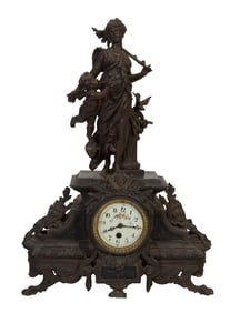 Patinated Spelter Figural Time Only Clock, early 20th c., H.- 24 in., W.- 18 in., D.- 6 1/2 in.