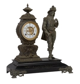 Ansonia Patinated Spelter and Black Marble Figural Mantel Clock, c. 1880, H.- 22 in., W.- 18 1/2