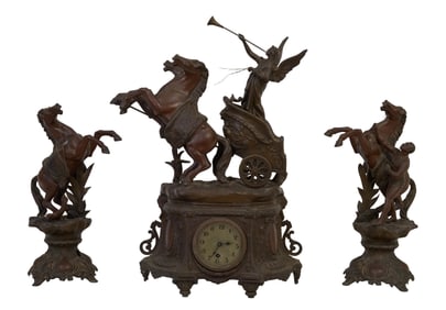 Three Piece Patinated Spelter Marley Horse Clock Set, late 19th c., Clock- H.- 23 1/2 in., W.- 13