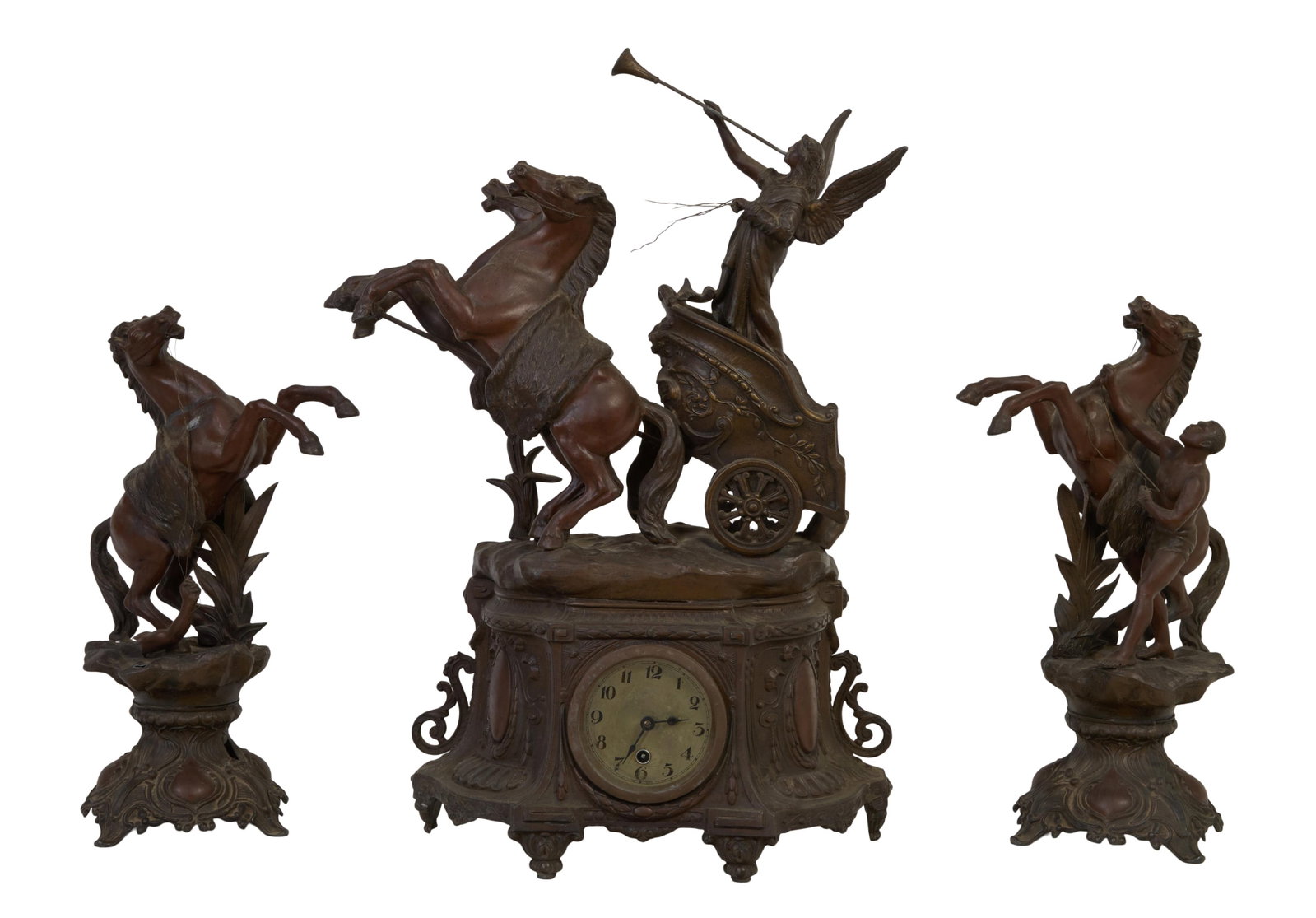 Three Piece Patinated Spelter Marley Horse Clock Set, late 19th c., Clock- H.- 23 1/2 in., W.- 13: Three Piece Patinated Spelter Marley Horse Clock Set, late 19th c., the time only clock with a winged trumpet blowing cherub surmount over the clock, together with a pair of rearing horse garnitures, 