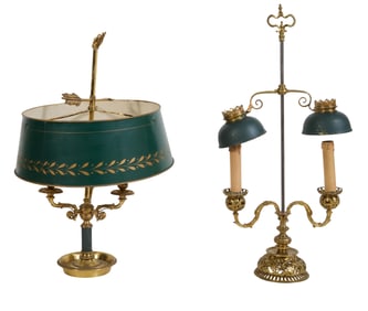 Two French Bronze Bouillotte Lamps, 20th c., First- H.- 22 3/4 in., Dia.- 14 1/4 in.; Second- H.- 25