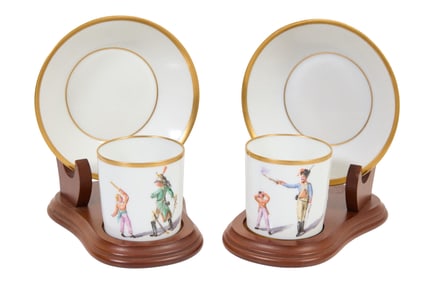 Pair of French Painted Porcelain Cups and Saucers, late 19th c., Cups- H.- 2 1/2 in., W.- 3 1/4 in.,