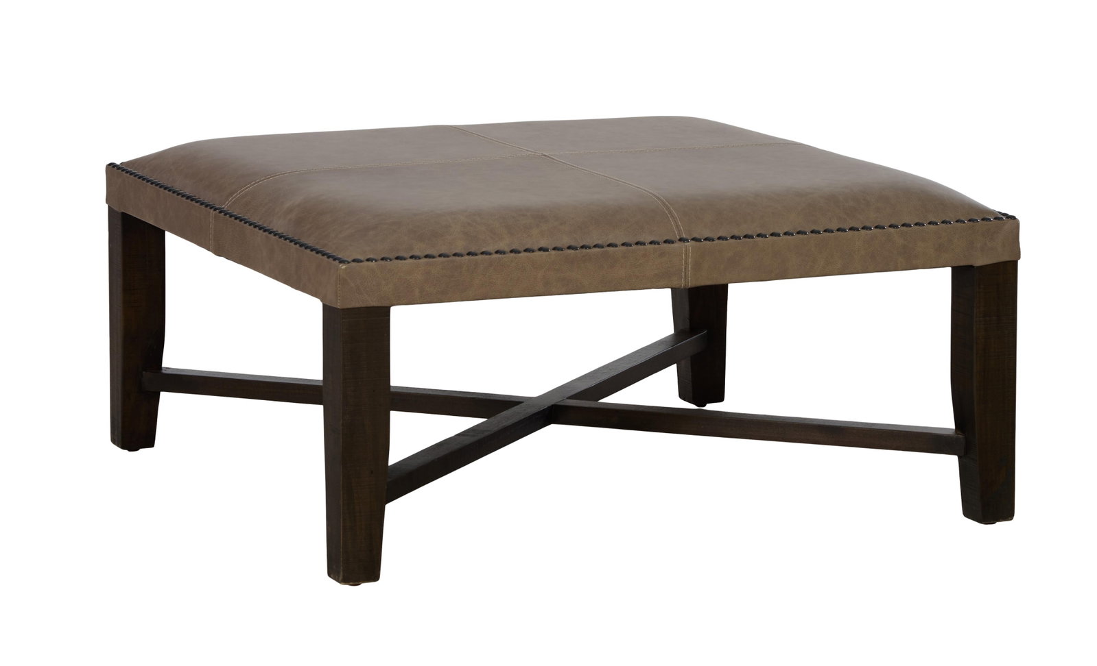 Robust Contemporary Leather Ottoman, 21st c., H.- 17 in., W.- 39 in., W.- 39 in.: Robust Contemporary Leather Ottoman, 21st c., the upholstered square top with nailhead trim, on square legs joined by an X-form stretcher, H.- 17 in., W.- 39 in., W.- 39 in.