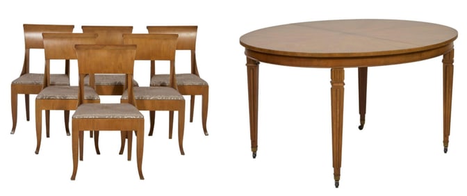 Mid Century Style Walnut Dining Table and Six Chairs, 20th c., Baker Furniture, Table- H.- 29 1/2 in
