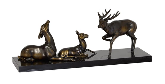 French Art Deco Patinated Bronze Animalier Group, early 20th c., H.- 7 in., W.- 17 3/4 in., D.- 5