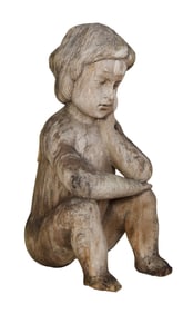 Antique Carved Wood Figure of a Seated Pensive Boy, 19th c., H.- 16 in., W.- 7 in., D.- 8 1/4 in.