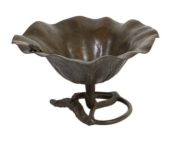 Japanese Bronze Meiji Lotus Leaf Bowl with Frog, 19th/20th c., H.- 4 3/4 in., Dia.- 8 in.