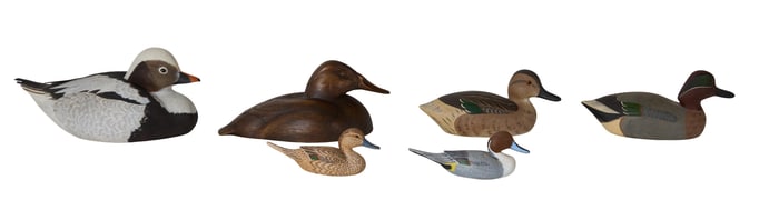 Group of Six Carved Wood Duck Decoys, 20th c., Largest- H.- 6 1/2 in., W.- 6 in., D.- 13 in. (6