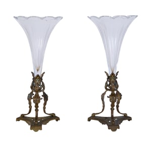 Pair of Bronze and Cut Glass Trumpet Vases, late 19th c., Each- H.- 11 1/2 in., Dia.- 5 in. (2 Pcs.)