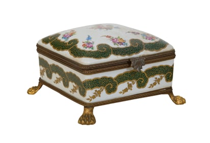 French Porcelain Bronze Mounted Jewelry Box, late 19th c., H.- 4 1/2 in., W.- 7 3/8 in., D.- 7 3/8