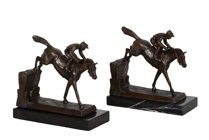 Pair of Patinated Bronze Equestrian Bookends, 20th c, Each- H.- 8 3/8 in., W.- 4 in., D.- 9 in. (2