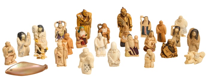 Group of Twenty-Six  Figural Netsukes, 19th/20th c., Fish- H.- 5/8 in., W.- 3 3/8 in., D.- 1 3/8 in.