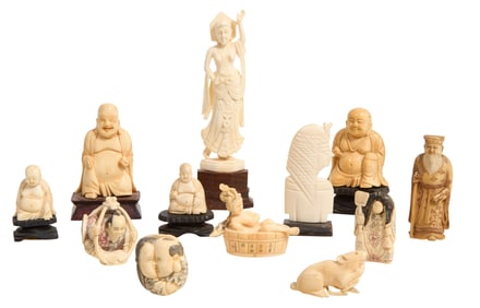 Group of Twelve Carved  Figures, 19th/20th c., Bodhisattva- H.- 6 1/2 in., W.- 2 1/8 in, D.- 1 1/4