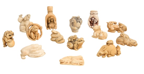 Group of Fourteen Carved  Animal Netsukes, 19th/20th c., Largest- H.- 2 1/4 in., W.- 1 1/8 in., D.-