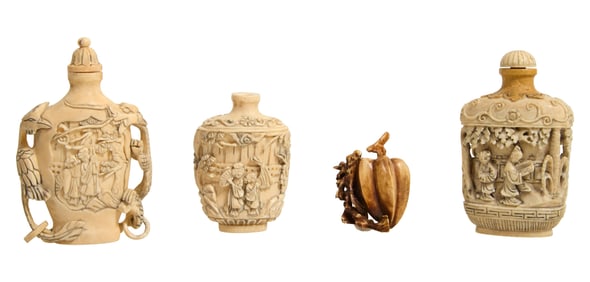 Four Chinese Carved  Snuff Bottles, 19th/20th c., Largest- H.- 3 3/4 in., W.- 2 1/2 in., D.- 1 in.
