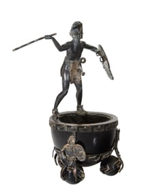 Silverplate and Onyx Figural Mexican Ashtray, 20th c., H.- 9 1/4 in., W.- 7 in., D.- 4 1/2 in.