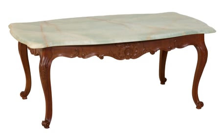 Louis XV Style Onyx and Carved Walnut Low Table, 20th c., H.- 32 in., W.- 71 in., D.- 28 in.