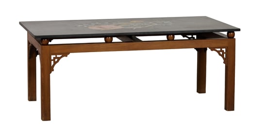 Chinese Inspired Inlaid Slate Low Table, 20th c., H.- 19 1/2 in., W.- 47 1/4 in., D.- 25 1/2 in.