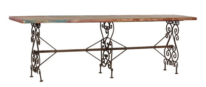 Tuscan Inspired Polychromed Pine and Iron Long Console, 20th/21st c., H.- 33 in., W.- 102 in., D.-