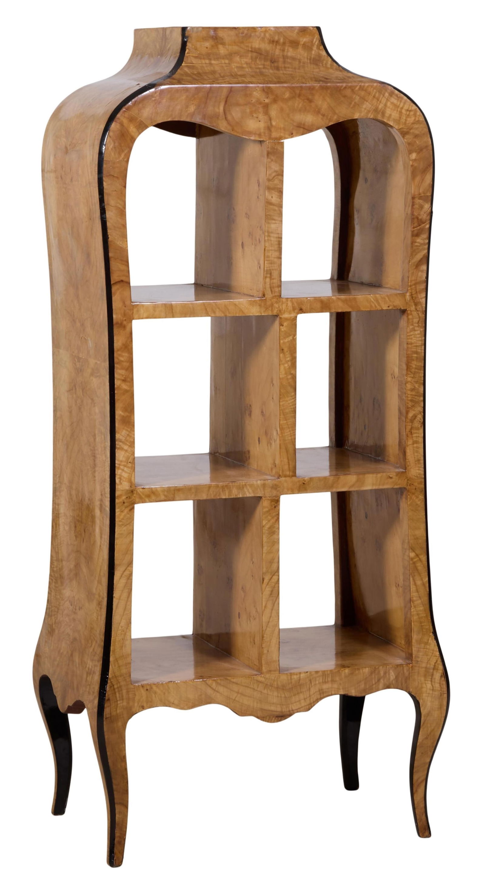 Louis XV Inspired Burled Wood Display Shelf, 21st c., H.- 61 in., W.- 27 1/2 in., D.- 18 1/2 in.: Louis XV Inspired Burled Wood Display Shelf, 21st c., the restrained flat top over six open compartments, on cabriole legs joined by a shaped apron, H.- 61 in., W.- 27 1/2 in., D.- 18 1/2 in.