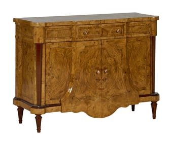 Italian Inspired Burled Wood Sideboard, 21st c., H.- 37 in., W.- 50 1/4 in., D.- 19 1/4 in.