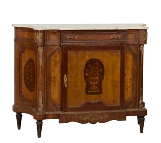 French Louis XVI Inspired Marble Top Marquetry Parquetry Sideboard, 20th/21st c., H.- 39 1/4 in.,