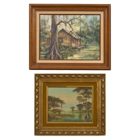 Two Louisiana Cabin Scenes, 20th c., First- H.- 12 in., W.- 16 in., Framed- H.- 17 1/2 in., W.- 21