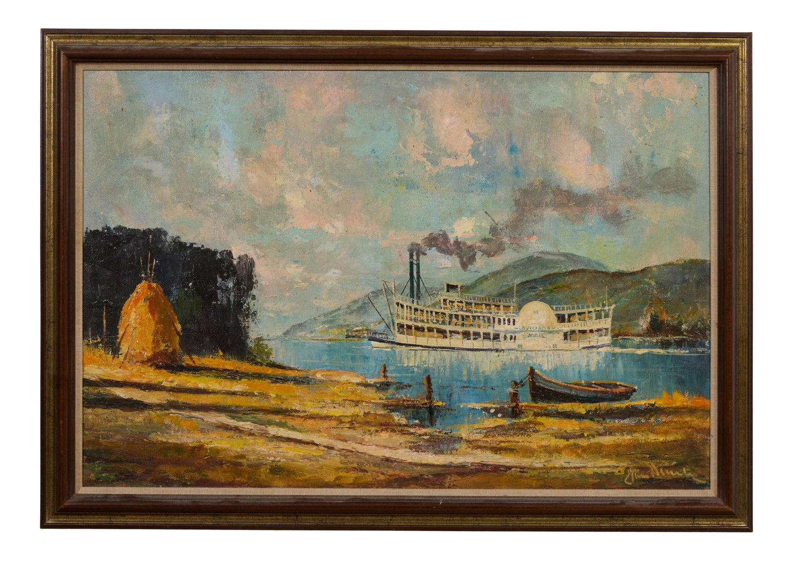 Southern School, "Louisiana Mail Steamboat," 20th c., H.- 24 in., W.- 36 in., Framed- H.- 28 1/4: Southern School, "Louisiana Mail Steamboat," 20th c., oil on canvas, indistinctly signed lower right "Jim Alvin/Alwin?", presented in a wooden frame, H.- 24 in., W.- 36 in., Framed- H.- 28 1/4 in., W.