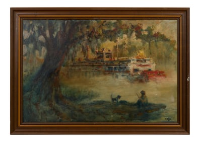 Glen Weber (American/Louisiana, 20th/21st Century), "Fishing Below an Oak Tree on the Mississippi