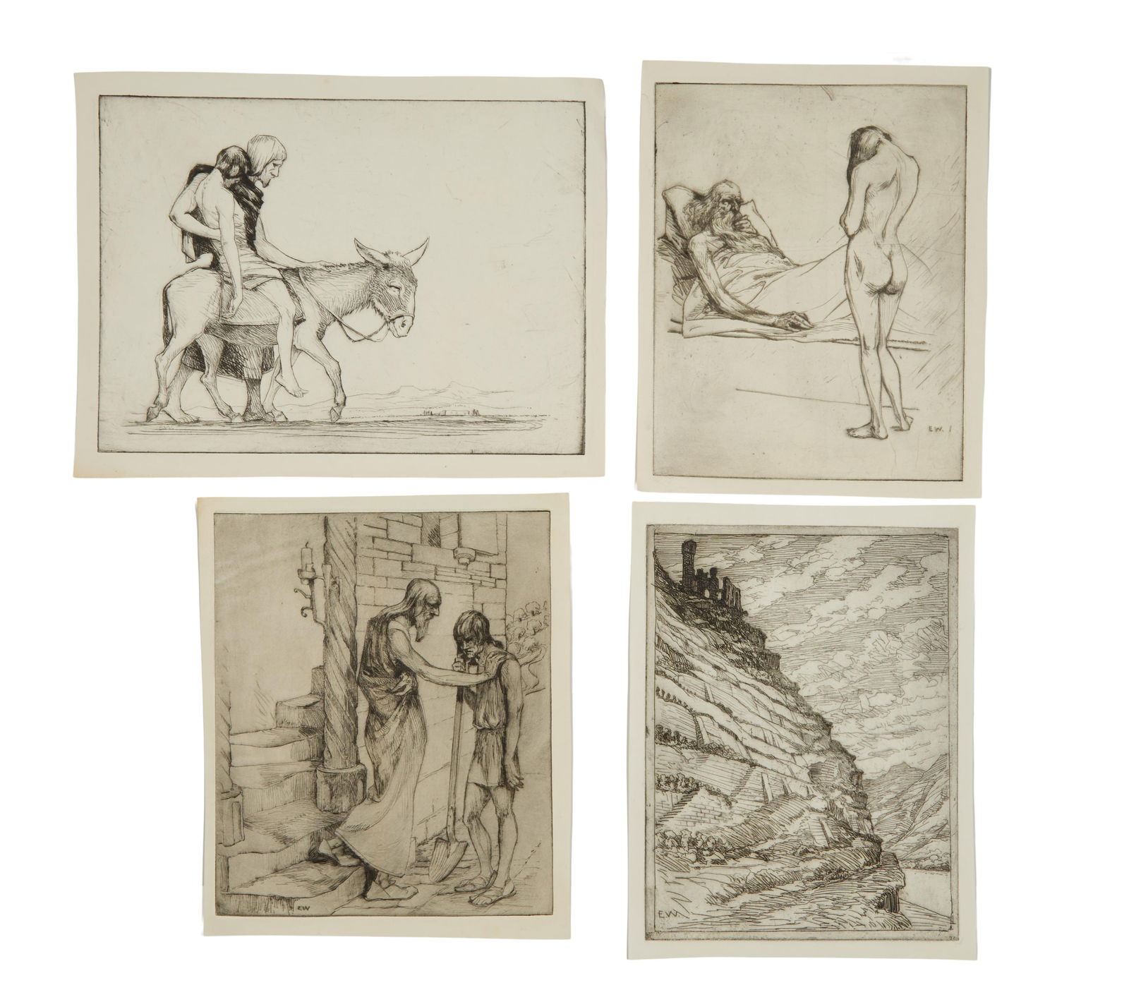 Ellsworth Woodward (American/New Orleans, 1861-1939), Four Etchings on Paper, Largest- H.- 9 5/8: Ellsworth Woodward (American/New Orleans, 1861-1939), Four Etchings on Paper, one of a nude; one of a man and a woman on a donkey; one of a worker with a shovel; and one of a ruin atop a cliff; each m
