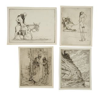 Ellsworth Woodward (American/New Orleans, 1861-1939), Four Etchings on Paper, Largest- H.- 9 5/8: Ellsworth Woodward (American/New Orleans, 1861-1939), Four Etchings on Paper, one of a nude; one of a man and a woman on a donkey; one of a worker with a shovel; and one of a ruin atop a cliff; each m