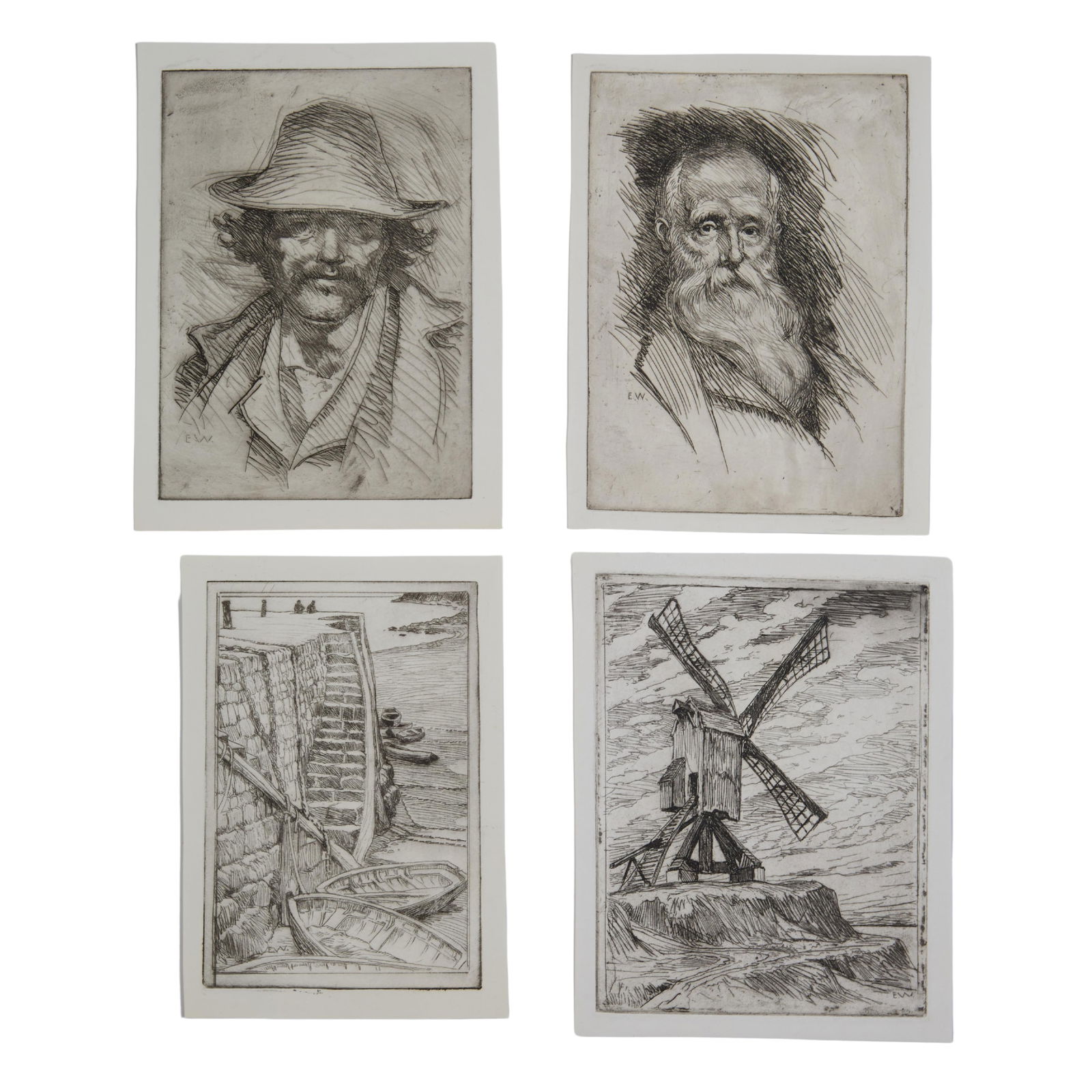 Ellsworth Woodward (American/New Orleans, 1861-1939), Four Etchings on Paper, Largest- H.- 7 7/8: Ellsworth Woodward (American/New Orleans, 1861-1939), Four Etchings on Paper, two of portraits of men; one of a windmill; and one of boats on the bank; each monogrammed in print, each unframed, Larges