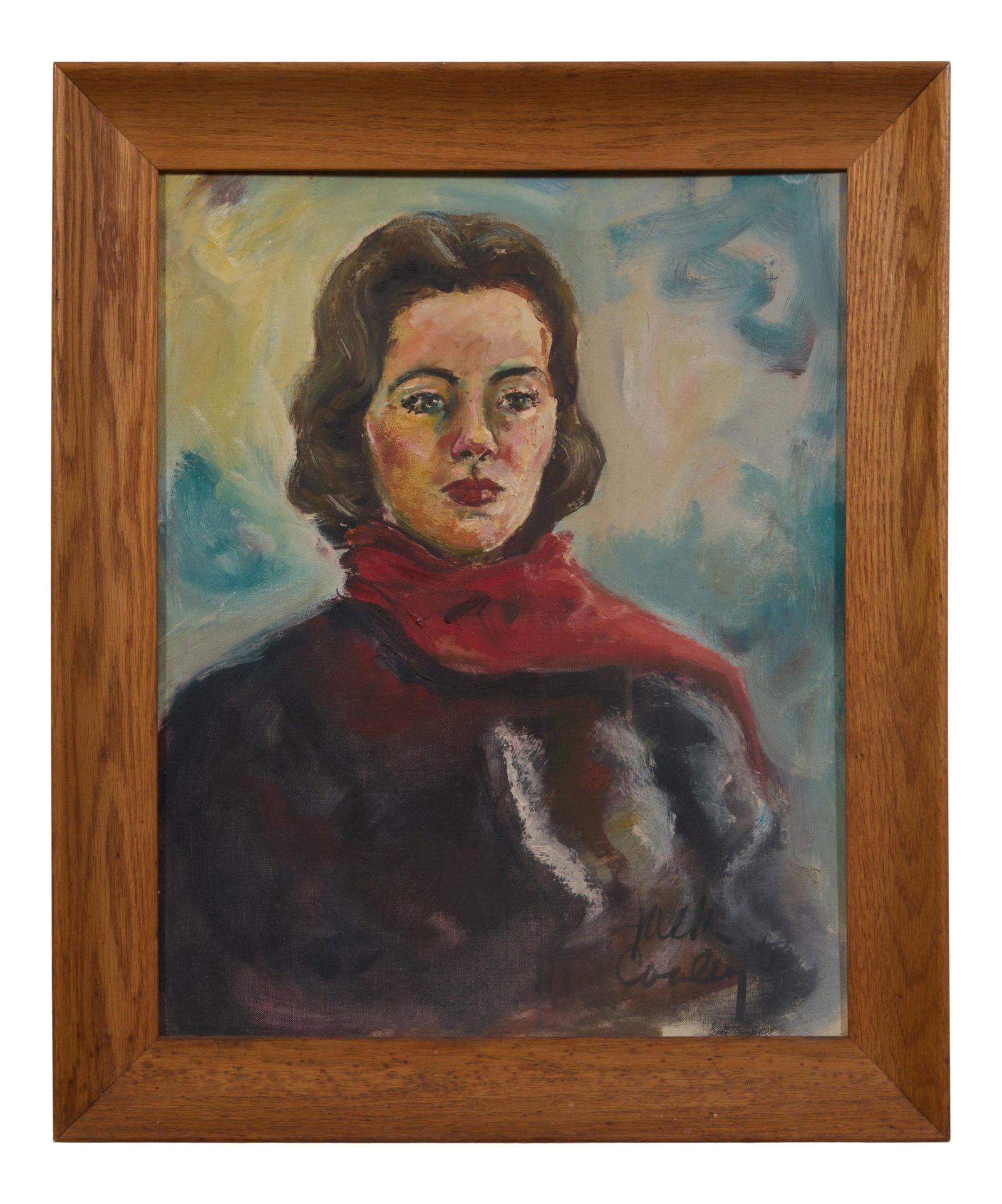 Jack Cooley (American/Louisiana, 1923-2008), "Portrait of a Woman in a Red Scarf," 1956, H.- 20 in.,: Jack Cooley (American/Louisiana, 1923-2008), "Portrait of a Woman in a Red Scarf," 1956, oil on canvas board, signed and dated lower right, presented in a wood frame, H.- 20 in., W.- 16 in., Framed- H