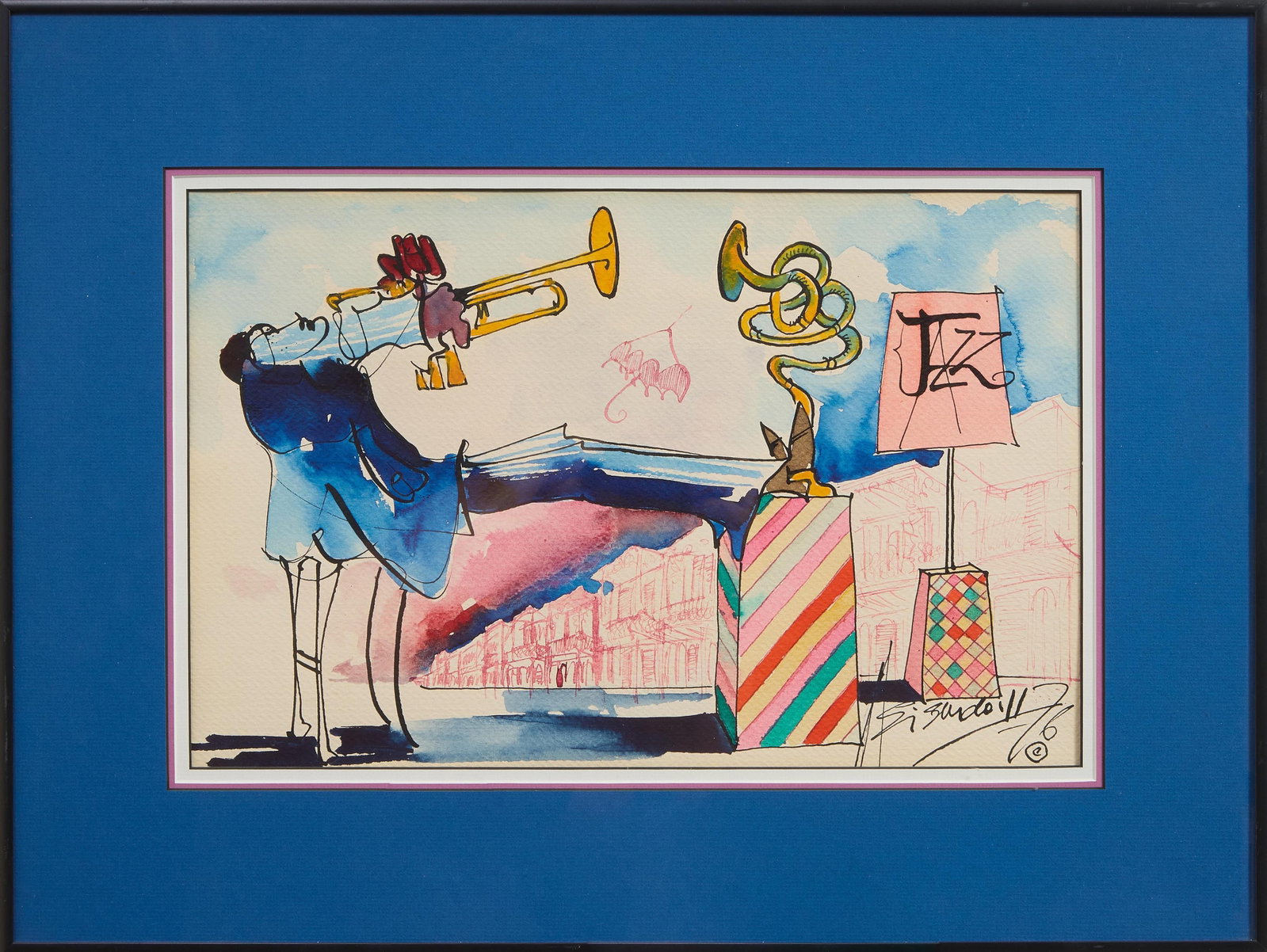 Leo Meiersdorff (Germany/New Orleans, 1934-1994), "Seated Jazz Player," 1976, Sight- H.- 11 in., W.-: Leo Meiersdorff (Germany/New Orleans, 1934-1994), "Seated Jazz Player," 1976, watercolor and ink on paper, signed and dated lower right, presented in a black frame, Sight- H.- 11 in., W.- 17 in., Fram