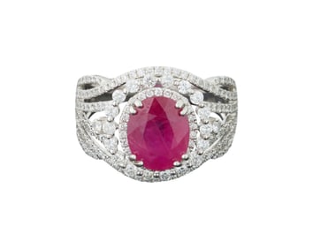 Lady's Platinum Ruby and Diamond Dinner Ring, by Orianne, Total Diamond Wt.- 1.15 carats, Size- 7