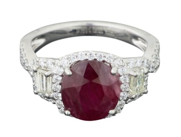 Lady's Platinum Ruby and Diamond Dinner Ring, by Orianne, Total Diamond Wt.- 0.94 carats, Size- 7,