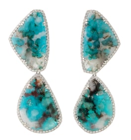 Pair of 14K White Gold Diamond and Paraiba Tourmaline Pendant Earrings, by Oscar Friedman, Total
