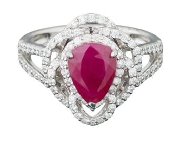 Lady's Platinum Burmese Ruby and Diamond Dinner Ring, by Sheffield & Sons, London, Total Diamond