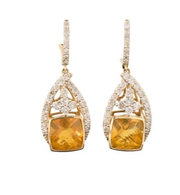 Pair of 14K Yellow Gold Diamond and Fire Opal Pendant Earrings, by Oscar Friedman, Total Opal Wt.-