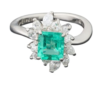 Lady's Platinum Colombian Emerald and Diamond Dinner Ring, Total Diamond Wt.- 0.64 carats, Size- 5