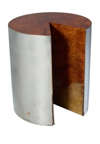 Leon Rosen for Pace Collection Pac Man Burlwood & Chrome Table, H.- 27 1/2 in., Dia.- 24 1/4 in.