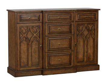 Gothic Inspired Mahogany Breakfront Sideboard, 20th/21st c., H.- 42 in., W.- 60 1/2 in., D.- 18 1/4
