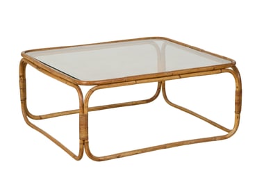 Minimalist Bamboo and Glass Low Table, mid 20th c., H.- 15 in., W.- 34 in., D.- 34 in.