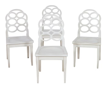Four Contemporary Polychromed Mahogany Dining Chairs, 21st c., Each- H.- 39 in., W.- 19 1/2 in., D.-